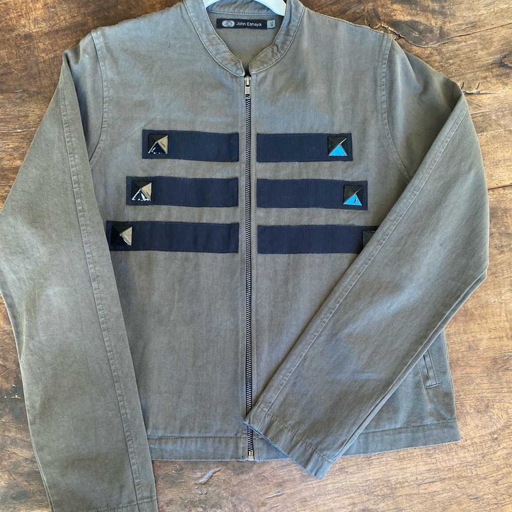 John Eshaya Light Khaki Jacket with Black Stripes